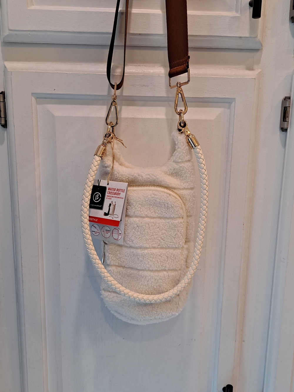 LS Life In Style Cream Faux Sherpa Quilted Water Bottle Crossbody W/2 Straps
